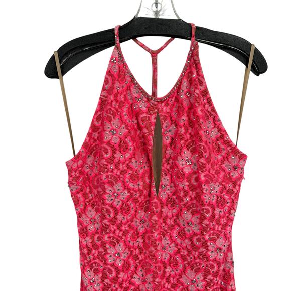 Jovani Pink Lace Halter Rhinestone Embellished Evening Gown 14 AS IS ALTERED - Picture 3 of 12